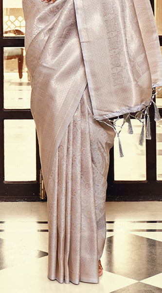 Adorable Grey Kanjivaram Silk Saree With Delightful Blouse Piece