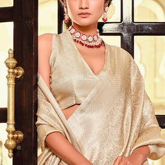 Exquisite Beige Kanjivaram Silk Saree With Comely Blouse Piece