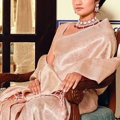 Delectable Beige Kanjivaram Silk Saree With Pleasurable Blouse Piece