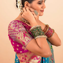 Capricious Firozi Paithani Silk Saree With Girlish Blouse Piece