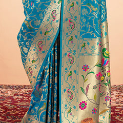 Capricious Firozi Paithani Silk Saree With Girlish Blouse Piece