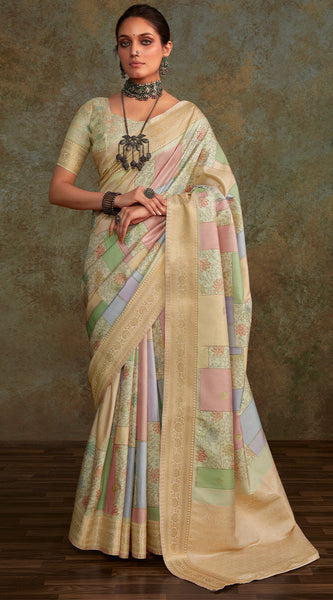 Demesne Pista Digital Printed Soft Silk Saree With Efflorescence Blouse Piece