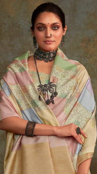 Demesne Pista Digital Printed Soft Silk Saree With Efflorescence Blouse Piece