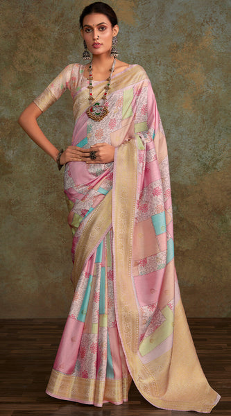 Fugacious Baby Pink Digital Printed Soft Silk Saree With Ratatouille Blouse Piece