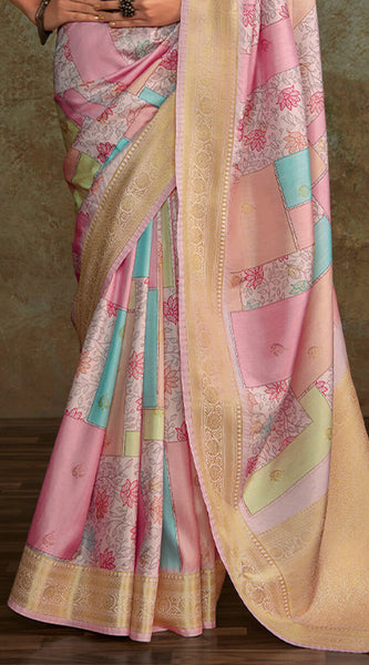 Fugacious Baby Pink Digital Printed Soft Silk Saree With Ratatouille Blouse Piece