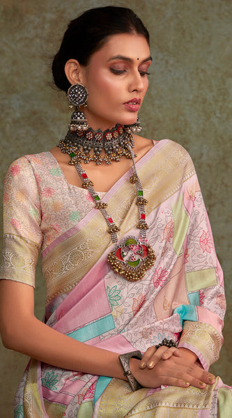 Fugacious Baby Pink Digital Printed Soft Silk Saree With Ratatouille Blouse Piece