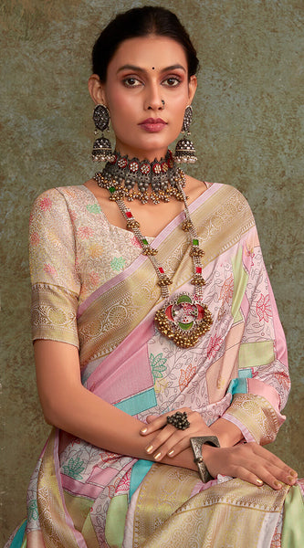 Fugacious Baby Pink Digital Printed Soft Silk Saree With Ratatouille Blouse Piece