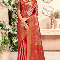 Marvellous Red Kanjivaram Silk Saree With Staring Blouse Piece