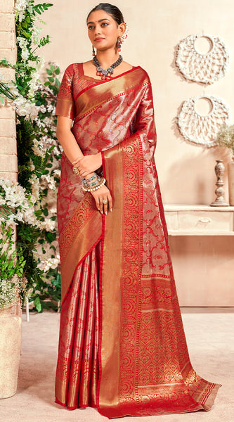 Marvellous Red Kanjivaram Silk Saree With Staring Blouse Piece