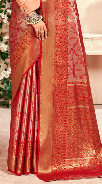 Marvellous Red Kanjivaram Silk Saree With Staring Blouse Piece