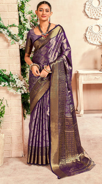 Preferable Purple Kanjivaram Silk Saree With Desirable Blouse Piece