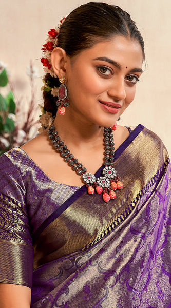 Preferable Purple Kanjivaram Silk Saree With Desirable Blouse Piece