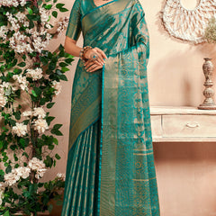 Fairytale Turquoise Kanjivaram Silk Saree With Comely Blouse Piece