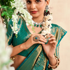 Fairytale Turquoise Kanjivaram Silk Saree With Comely Blouse Piece