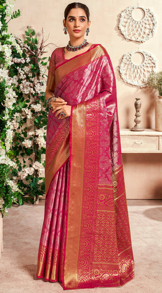 Panoply Dark Pink Kanjivaram Silk Saree With Woebegone Blouse Piece