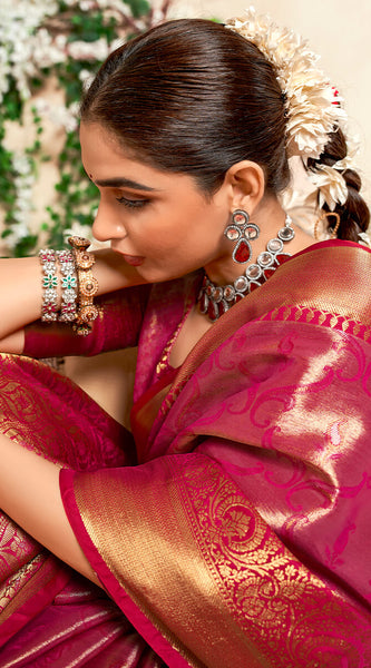 Panoply Dark Pink Kanjivaram Silk Saree With Woebegone Blouse Piece