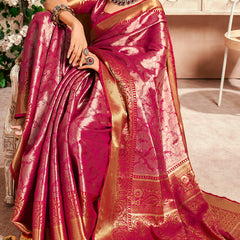 Panoply Dark Pink Kanjivaram Silk Saree With Woebegone Blouse Piece