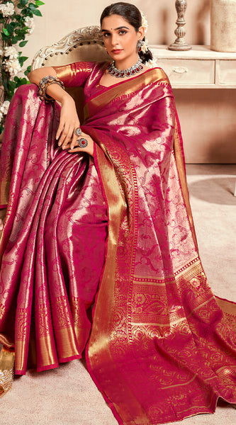 Panoply Dark Pink Kanjivaram Silk Saree With Woebegone Blouse Piece