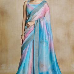Woebegone Sky Soft Banarasi Silk Saree With Palimpsest Blouse Piece