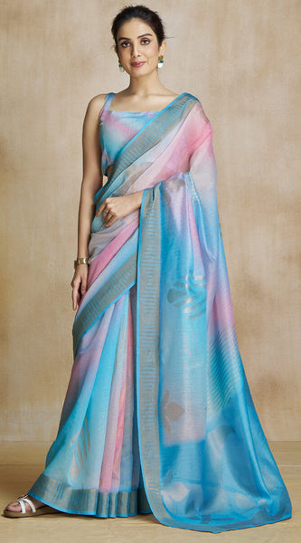 Woebegone Sky Soft Banarasi Silk Saree With Palimpsest Blouse Piece