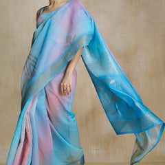 Woebegone Sky Soft Banarasi Silk Saree With Palimpsest Blouse Piece