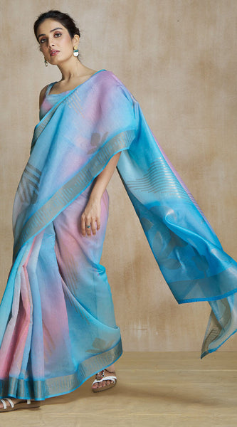 Woebegone Sky Soft Banarasi Silk Saree With Palimpsest Blouse Piece