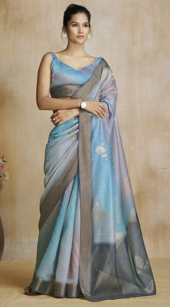 Ornate Grey and Sky Soft Banarasi Silk Saree With Supernal Blouse Piece