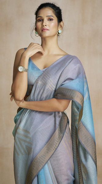 Ornate Grey and Sky Soft Banarasi Silk Saree With Supernal Blouse Piece