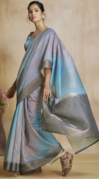 Ornate Grey and Sky Soft Banarasi Silk Saree With Supernal Blouse Piece