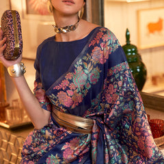 Snazzy Navy Blue Pashmina saree With Snappy Blouse Piece