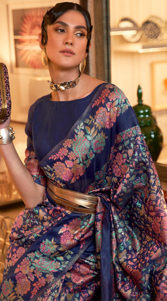 Snazzy Navy Blue Pashmina saree With Snappy Blouse Piece