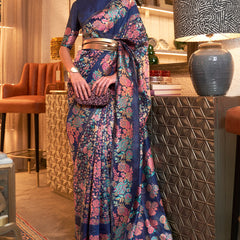 Snazzy Navy Blue Pashmina saree With Snappy Blouse Piece