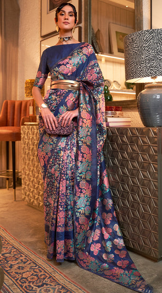 Snazzy Navy Blue Pashmina saree With Snappy Blouse Piece
