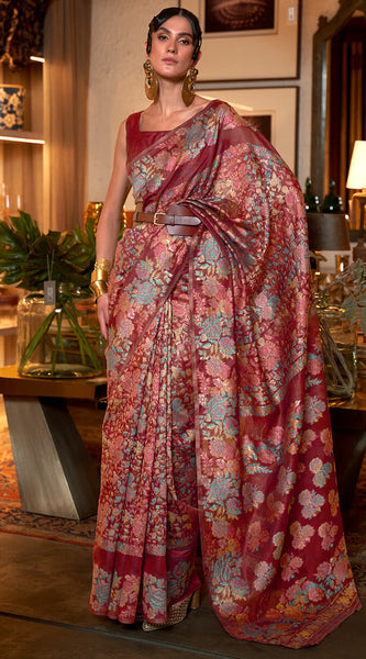 Brood Maroon Pashmina saree With Bewitching Blouse Piece