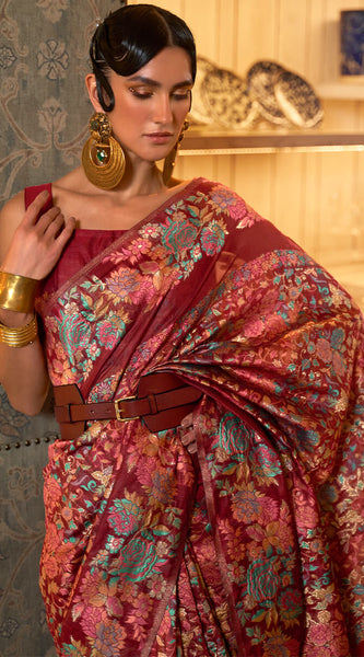 Brood Maroon Pashmina saree With Bewitching Blouse Piece