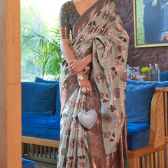 Woebegone Grey Organza Silk Saree With Engaging Blouse Piece