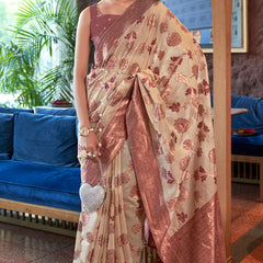 Splendiferous Peach Organza Silk Saree With Tempting Blouse Piece
