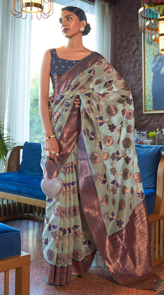 Splendorous Sea Green Organza Silk Saree With Glittering Blouse Piece