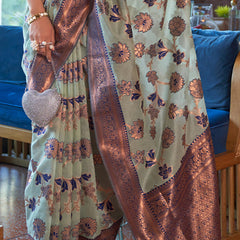 Splendorous Sea Green Organza Silk Saree With Glittering Blouse Piece