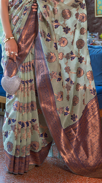 Splendorous Sea Green Organza Silk Saree With Glittering Blouse Piece