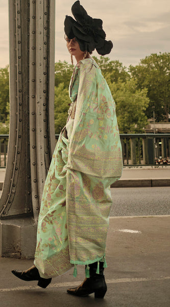 Stunning Pista Kashmiri Model Organza Silk Saree With Precious Blouse Piece