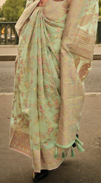 Stunning Pista Kashmiri Model Organza Silk Saree With Precious Blouse Piece