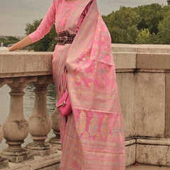 Alluring Baby Pink Kashmiri Model Organza Silk Saree With Adorning Blouse Piece