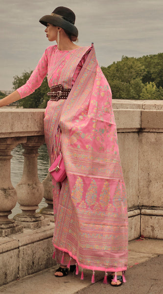 Alluring Baby Pink Kashmiri Model Organza Silk Saree With Adorning Blouse Piece