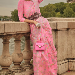 Alluring Baby Pink Kashmiri Model Organza Silk Saree With Adorning Blouse Piece
