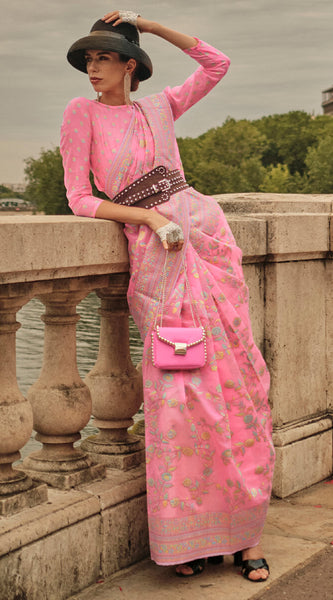 Alluring Baby Pink Kashmiri Model Organza Silk Saree With Adorning Blouse Piece