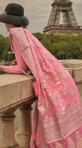 Alluring Baby Pink Kashmiri Model Organza Silk Saree With Adorning Blouse Piece
