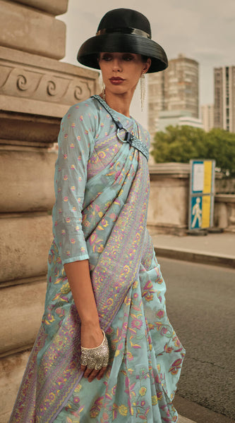 Glowing Sky Kashmiri Model Organza Silk Saree With Smart Blouse Piece