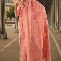 Captivating Dark Peach Kashmiri Model Organza Silk Saree With Captivating Blouse Piece