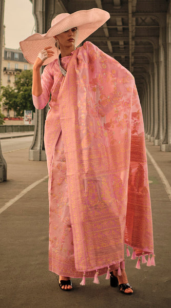 Captivating Dark Peach Kashmiri Model Organza Silk Saree With Captivating Blouse Piece